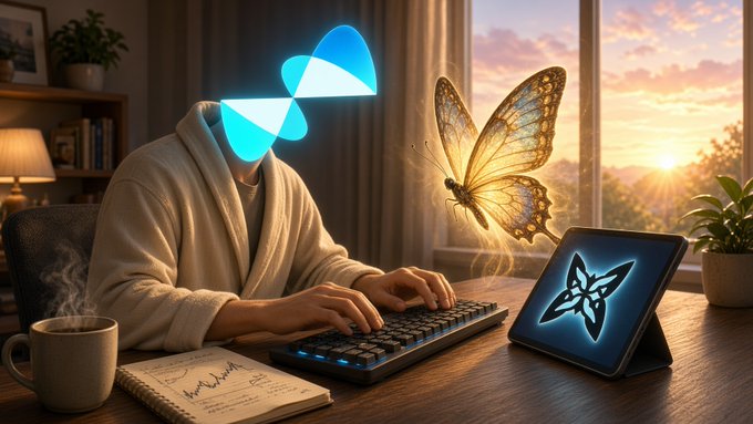 An artistic image showing a person in a robe with a glowing blue butterfly head, typing on a keyboard at a desk, with a real butterfly and a tablet displaying a similar butterfly logo.