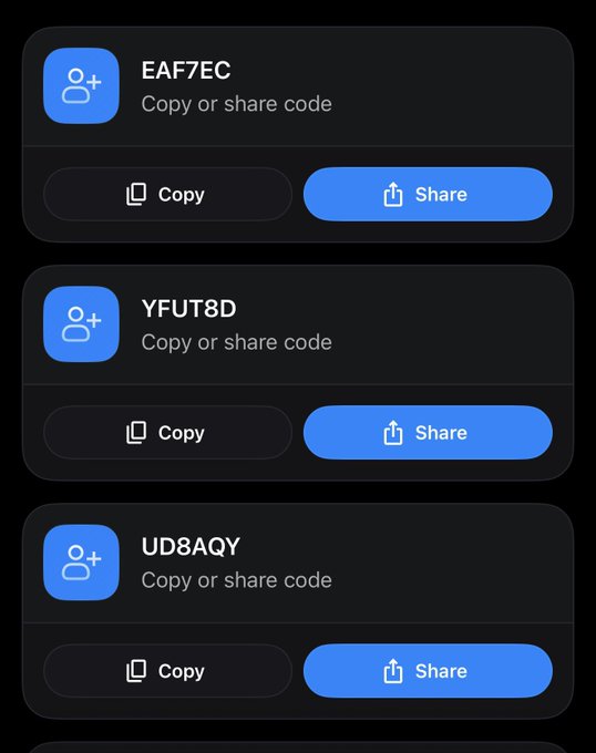 A dark-themed interface showing three invite/referral codes (EAF7EC, YFUT8D, UD8AQY) each with Copy and Share buttons.