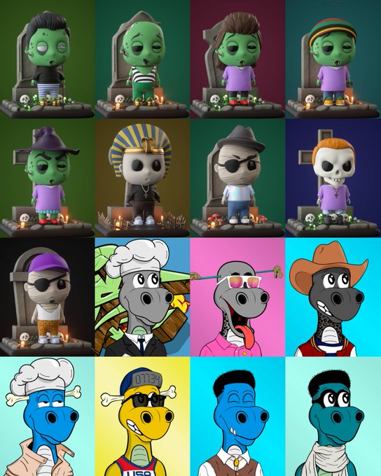 A 4x4 grid of 16 cartoon-style character portraits, each featuring whimsical designs with tombstones, skeleton heads, and dinosaur-like creatures in various colorful outfits and poses against vibrant background colors.