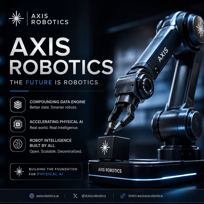 A promotional graphic for 'AXIS ROBOTICS' with tagline 'The Future is Robotics,' featuring a robotic arm and features including Compounding Data Engine, Accelerating Physical AI, and Robot Intelligence Built by All, with social links to axisrobotics.ai, @Axisrobotics, and linktr.ee/axisrobotics.