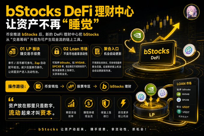 A Chinese promotional graphic for 'bStocks DeFi理財中心' (bStocks DeFi Financial Center) explaining how to upgrade assets into capital flow tools through LP, Loan, and aggregated income.