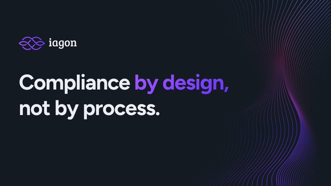 A dark promotional graphic featuring the "iagon" logo in the top left, with the tagline "Compliance by design, not by process." in white and purple text, alongside a stylized purple wave pattern on the right.