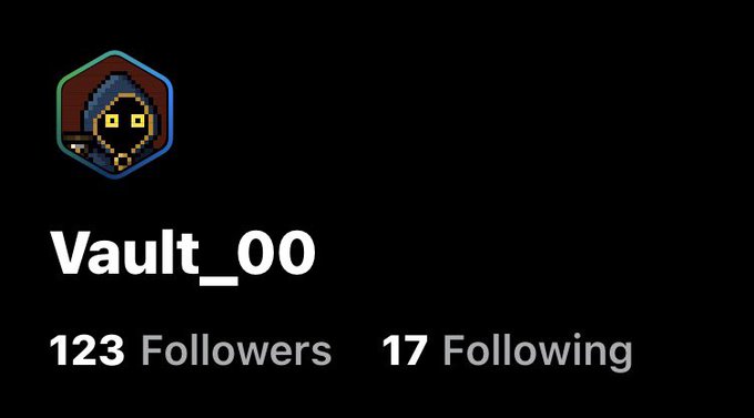 A social media profile card displays the username "Vault_00" with a pixelated hooded figure avatar inside a hexagonal frame, showing 123 Followers and 17 Following. The stylized hooded avatar visually connects to the post's reference to a "hexed" NFT from MancerXYZ, matching the "Hoods up" caption.