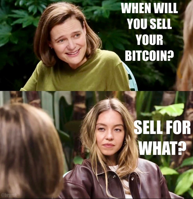 Two-panel meme with text 'WHEN WILL YOU SELL YOUR BITCOIN?' and 'SELL FOR WHAT?' featuring Sydney Sweeney and a blonde interviewer.