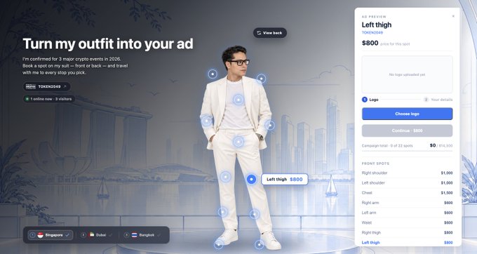 A screenshot of a website called 'TON625649' with the headline 'Turn my outfit into your ad', showing a man in a white suit with interactive pricing points, with the 'Left thigh' priced at $800 against a stylized city skyline background.