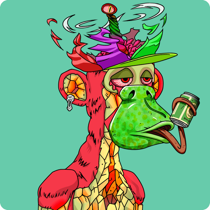 A cartoon illustration of a red dragon-like creature with a green reptilian face wearing a purple and green hat, drooling while looking at a green soda can against a teal background.