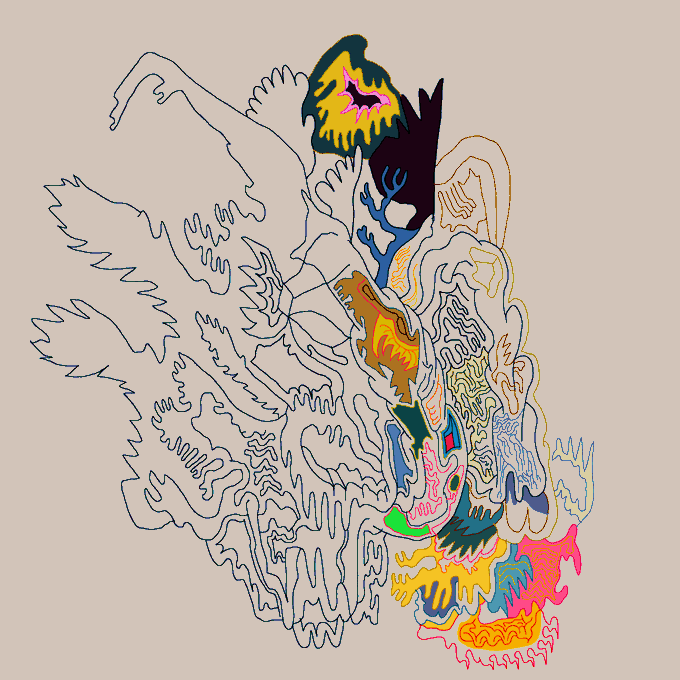 The image features a complex, abstract drawing with various shapes and lines that appear to be made of ink or paint. The artwork has an organic feel to it, resembling a creature or plant-like form. The colors used are predominantly blue, green, yellow, pink, orange, and red, creating a vibrant and visually striking piece. The image is accompanied by text in the corner, which reads "the art of business objkt.com/tokens/open_ob …" and "10 tezos @objktcom". This suggests that the artwork may be related to a business or artistic project involving tokens or tokens-related concepts.
