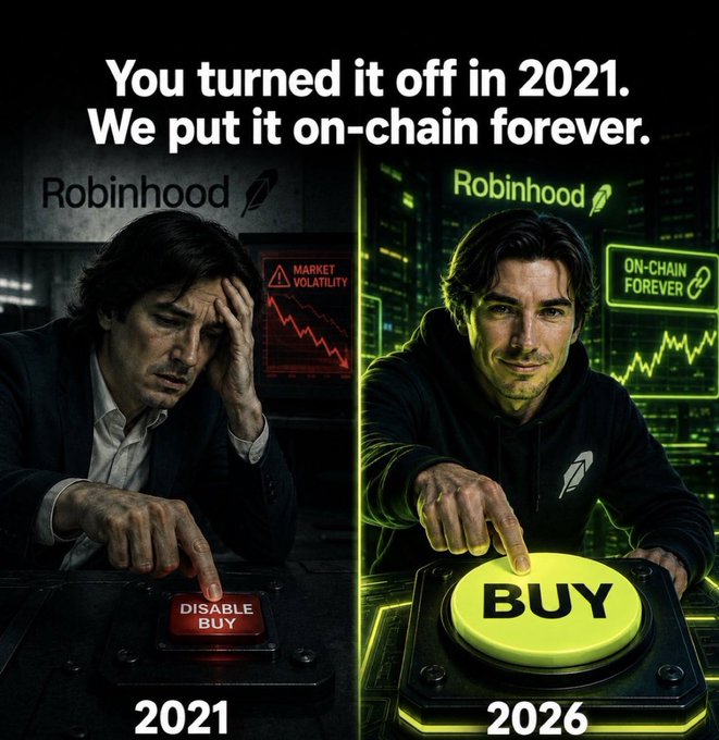 The image is a split-panel meme showing the Robinhood logo on both sides, with the left panel labeled "2021" depicting a stressed man pressing a red "DISABLE BUY" button beneath a "MARKET VOLATILITY" warning, while the right panel labeled "2026" shows a confident man pressing a glowing green "BUY" button under an "ON-CHAIN FOREVER" sign, captioned "You turned it off in 2021. We put it on-chain forever." It contrasts Robinhood's 2021 buy-button restriction with a future crypto/on-chain version, tying into the "$buy" post's theme of a "full circle" return to buying power.