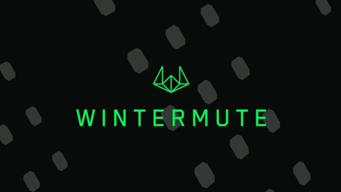 A logo for 'WINTERMUTE' featuring a green geometric fox head emblem on a black background with scattered gray pill-shaped marks.