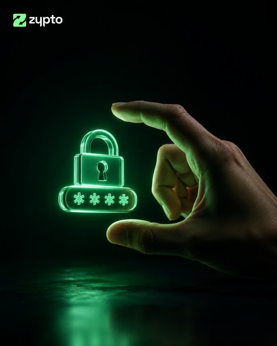 A dark promotional image with the 'zypto' logo, showing a hand reaching toward a glowing green neon padlock icon.