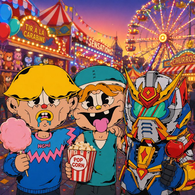 A cartoon scene at a fairground carnival features two crying/eating children and a Gundam-style mecha robot holding snacks, with stalls labeled 'TIR A LA CARABINE' and 'CHURROS'.