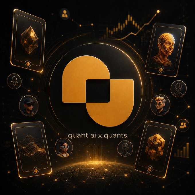A futuristic dark-themed digital graphic featuring a large gold logo with the text "quant ai x quants" surrounded by floating cards displaying 3D faces and geometric shapes against an orange constellation-like background.