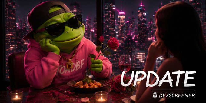 An AI-generated image shows a green frog wearing sunglasses, a backward cap, and a pink hoodie, offering a rose to a woman across a dinner table with the text 'UPDATE' and 'DEXSCREENER' visible.