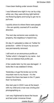 A handwritten or typed personal account dated '30 October 2023' describing an unresolved stalking incident involving a white van, police dismissed the case, Twitter did silence 17 hours, an anonymous profile account lives for 17 hours, a hate crime, and the writer feeling afraid to leave the house, signed 'Juliette Bryant'.