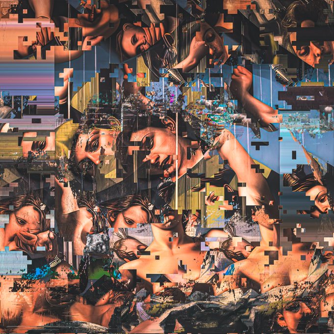 A digital collage titled "Contortionist" by @TankussArt, featuring fragmented and distorted images of human faces and bodies with heavy pixelation and glitch effects.