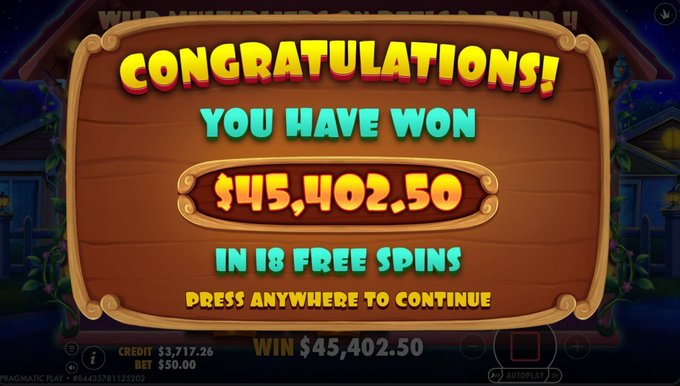 A slot machine game screen displays a 'CONGRATULATIONS! YOU HAVE WON $45,402.50 IN 18 FREE SPINS' message on a wooden sign, with a credit balance of $3,717.26 and a bet of $50.00.