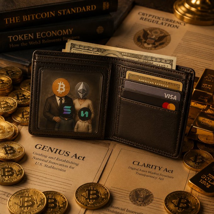 A black leather wallet sits open on documents referencing the "GENIUS Act," "CLARITY Act," and "CRYPTOCURRENCY REGULATION," filled with cash, Visa, American Express, and Mastercard cards, and an ID photo of figures masked with Bitcoin, Ethereum, Solana, and Sui logos—surrounded by gold Bitcoin coins and books like "THE BITCOIN STANDARD" and "TOKEN ECONOMY." The image visually represents the blurred line between traditional finance and crypto, fitting the #BiFu (Bitcoin/crypto finance) theme of whose wallet truly bridges Web3 and the regulated dollar world.