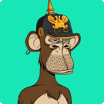A cartoon illustration of a brown monkey wearing a black spiked helmet with a gold eagle emblem and a hoop earring, set against a teal background (Bored Ape-style NFT art).