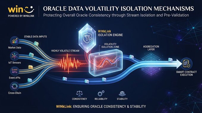 An infographic titled 'ORACLE DATA VOLATILITY ISOLATION MECHANISMS' by 'WIN POWERED BY WINLINK,' illustrating how stable data inputs are processed through a volatility isolation zone before smart contract execution.