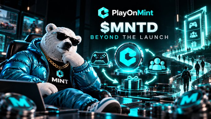 A promotional graphic for PlayOnMint featuring $MNTD token, showing a bear character wearing sunglasses and a gold chain in a futuristic neon-lit gaming environment with the tagline 'BEYOND THE LAUNCH'.