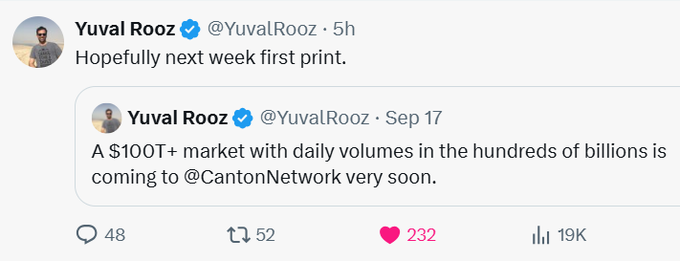 The image shows a tweet from Yuval Rooz (@YuvalRooz) stating "Hopefully next week first sprint," quoting his earlier September 17 post claiming "A $100T+ market with daily volumes in the hundreds of billions is coming to @CantonNetwork very soon." The post relates to the accompanying caption by reinforcing the Canton Network's credibility, with Rooz hinting at imminent progress for a massive financial market initiative on the network.