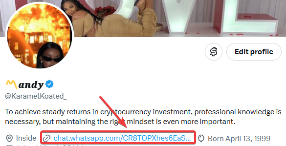 A Twitter/X profile screenshot for 'andy (@_KaramelKoated_)' with an arrow pointing to a WhatsApp link 'chat.whatsapp.com/CR8TOPXhes6EaS...' highlighted with a crypto scam warning text.