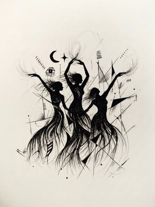 A black and white ink illustration depicts three silhouetted female figures dancing with flowing lines, accented by an eye, crescent moon, and stars.