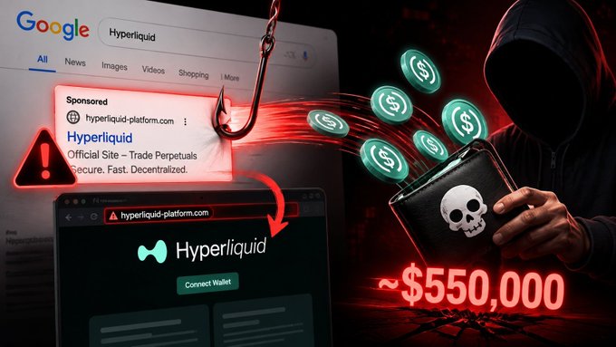 A hooded hacker holding a wallet marked with a skull and coins steals ~$550,000 in USDC from a Hyperliquid user via a fake "Sponsored" Google ad for hyperliquid-platform.com, illustrating the risks of clicking paid search ads to access crypto sites.