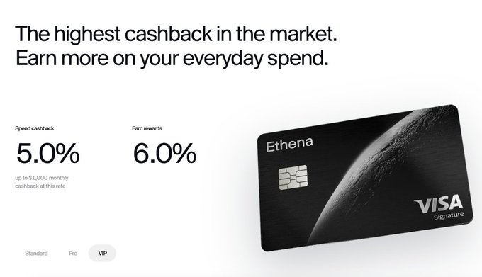 Advertisement for an Ethena Visa Signature card, highlighting 5.0% spend cashback and 6.0% earn rewards, with VIP tier selected.