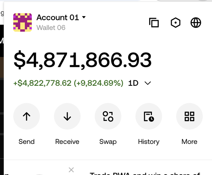 A crypto wallet dashboard for "Account 01 / Wallet 06" displays a balance of $4,871,866.93 with an astonishing 1-day gain of +$4,822,778.62 (+9,824.69%), humorously capturing the moment of shock at the unexpected massive jump in value as mentioned in the post.