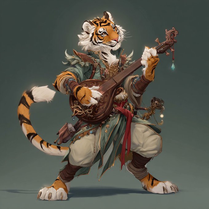 Fantasy character illustration of an anthropomorphic tiger bard playing a lute, dressed in ornate teal and cream robes with red sash and various trinkets.