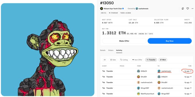 An OpenSea NFT listing page for item '#13050' from 'Mutant Ape Yacht Club' priced at '1.3312 ETH', showing a green and red mosaic-style ape with angry eyes on the left and transaction history on the right.