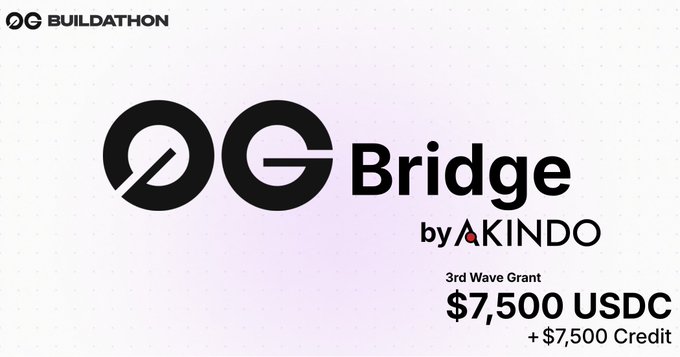OG Buildathon promotional graphic displaying 'OG Bridge by AKINDO' with a '3rd Wave Grant' of '$7,500 USDC +$7,500 Credit' against a dotted background.