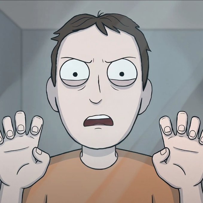 An animated character resembling Morty from Rick and Morty displays a worried, wide-eyed expression with both hands raised defensively in front of a gray wall.