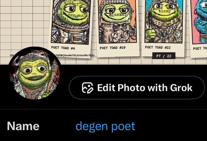 The image shows a grid of "Poet Toad" NFTs (#4, #10, #22) alongside a circular profile picture preview featuring a green frog character with text elements, with the username "degen poet" displayed below an "Edit Photo with Grok" button, demonstrating how one would look as a profile picture.
