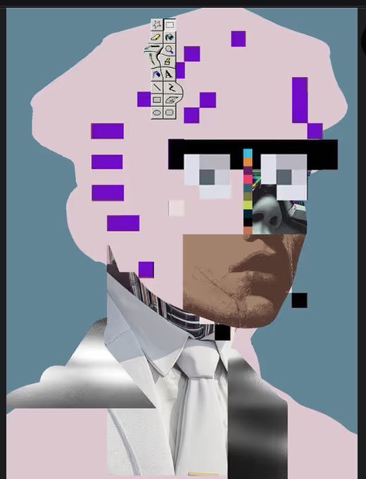 A glitch-style digital collage portrays a figure with pixelated purple blocks, a barcode-like nose, and a partially obscured face, wearing a white collared shirt and tie.