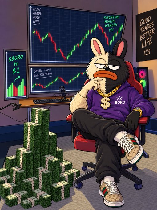 A confident duck character wearing a "BORO" hoodie and dollar sign chain sits on a gaming chair beside a massive pile of cash, with monitors displaying "$BORO to $1," "PLAN TRADE HOLD WIN," "DISCIPLINE BUILDS WEALTH," "SMALL STEPS BIG FREEDOM," and "GOOD TRADES BETTER LIFE," visually promoting the $BORO token airdrop claim promise.