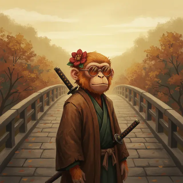 A digital illustration depicts a monkey wearing round sunglasses, a red flower on its ear, and a brown kimono, carrying two katanas on its back while standing on a stone bridge lined with autumn trees.