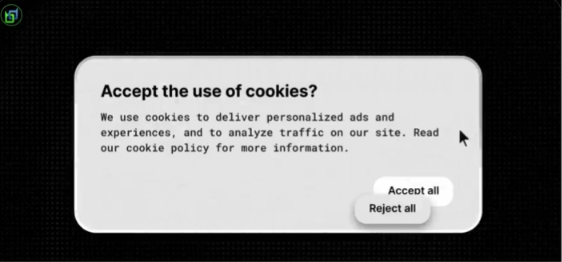A cookie consent pop-up asking users to "Accept the use of cookies?" with options to "Accept all" or "Reject all," paired with a BeldexCoin post emphasizing user privacy and control over personal data online.