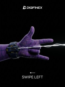 A DIGIFINEX promotional graphic showing a purple-gloved hand with mechanical details catching a glowing wave, with the text 'SWIPE LEFT'.