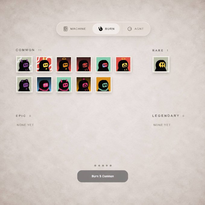 A "Burn" interface screen displays the user's AGNTS collection, showing 11 Common and 1 Rare, with 0 Epic and 0 Legendary. The "Burn 5 Common" button is visible at the bottom, illustrating the user's decision point about whether to sacrifice Common and Rare tokens to upgrade their collection.