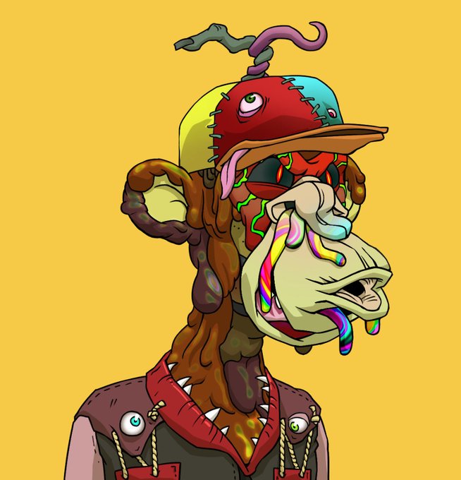 The image features an anthropomorphized monkey wearing a hat, jacket, and tie. The monkey has a face painted with various colors of paint, giving it a unique appearance. The background color is yellow, which contrasts with the colorful attire of the monkey. The caption below the image reads "#NewProfilePic Finally made it into the club and I'm hyped af! This has been a crypto dream of mine for a long ass time! Goal officially accomplished Do ape follow ape? @BoredApeYC".