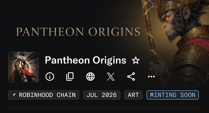 A digital art NFT project page titled 'Pantheon Origins' featuring a warrior with a staff, marked as 'Minting Soon' on the Robinhood Chain in July 2026.