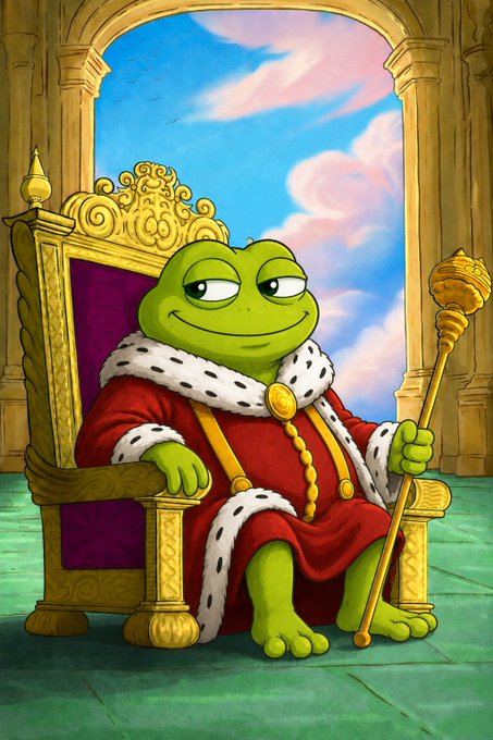 A regal cartoon frog wearing a red royal robe with white fur trim sits on an ornate golden throne, holding a golden scepter, against a sky backdrop. The image symbolizes the post's enthusiastic call to back the $TOAD cryptocurrency by portraying the token as a "king" or leader of a community, with the "hop on the train" line cleverly tying in to the frog imagery.