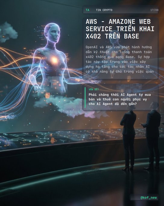 A futuristic digital illustration with Vietnamese text discussing 'AWS - AMAZONE WEB SERVICE TRIỂN KHAI X402 TRÊN BASE', highlighting the partnership between OpenAI and AWS for AI agent infrastructure.