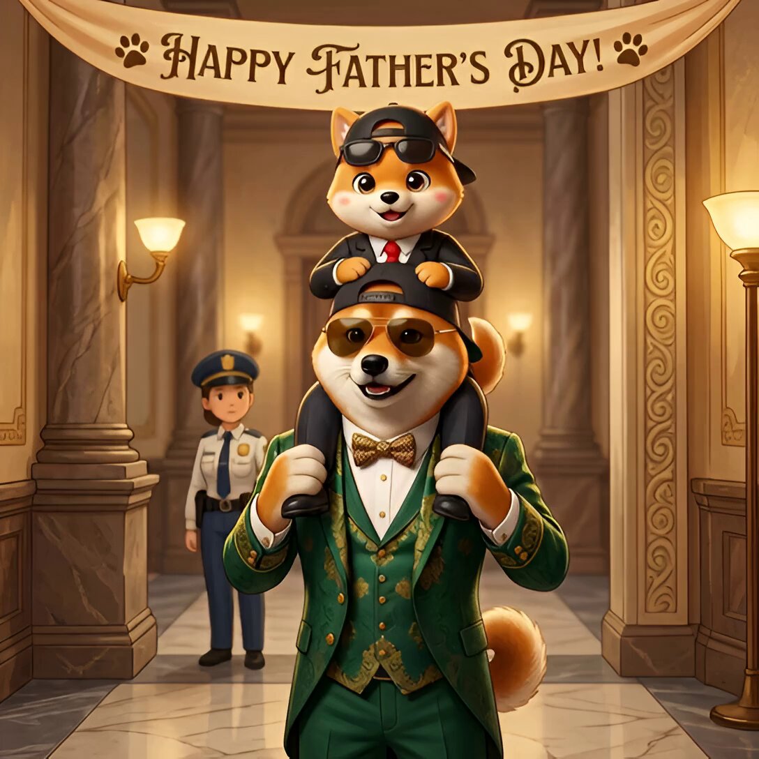 The image features a cartoonish scene of a man dressed in a suit, holding a small dog on his shoulders while wearing sunglasses. The man appears to be a police officer or security guard, as there are two police officers present in the background. They seem to be observing the scene and possibly discussing something related to it.