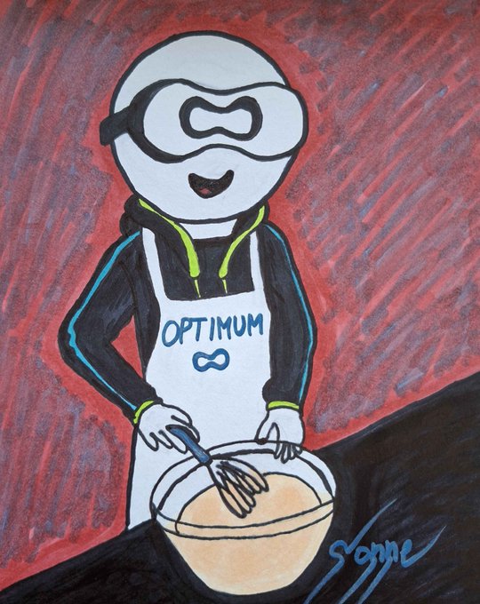 A hand-drawn cartoon mascot wearing a VR-style helmet and an "OPTIMUM" apron whisks batter in a bowl, visually representing the post's metaphor of @get_optimum "mixing" and refining the blockchain network layer to improve performance and reliability between nodes.