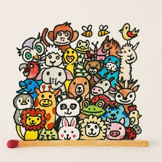 A colorful children's drawing or painted illustration of various animals including a monkey, panda, giraffe, lion, and elephant, displayed on a wooden base.