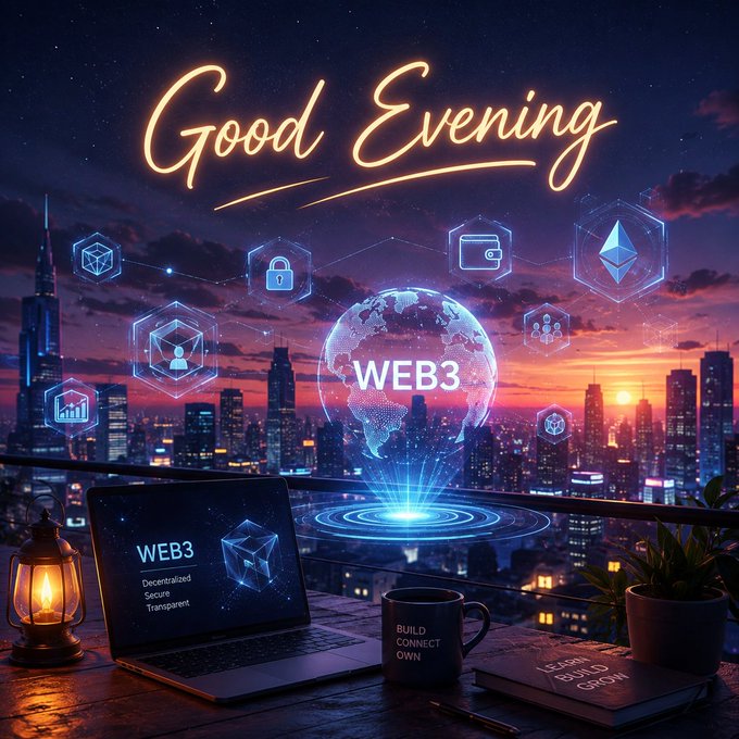 A stylized 'Good Evening' graphic features a laptop displaying 'WEB3 Decentralized Secure Transparent', a glowing globe with 'WEB3', and a city skyline at sunset, accompanied by various Web3 icons and a coffee mug reading 'BUILD CONNECT OWN'.