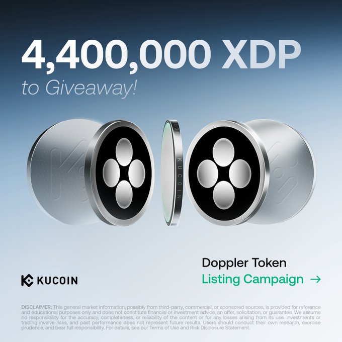 A KuCoin promotional banner advertising a "4,400,000 XDP to Giveaway!" listing campaign for Doppler Token (XDP), featuring two metallic KuCoin-branded cylindrical tokens on a blue gradient background. The image illustrates the dual reward activities—Trade to Share (3,000,000 XDP) and Learn & Earn (1,400,000 XDP)—tied to XDP's listing on KuCoin's Spot Market.